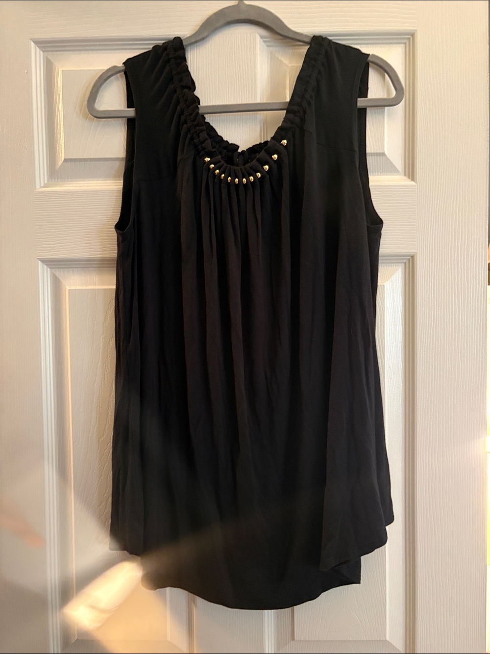 Black Sleeveless Gathered Neckline Top with Stud Detail